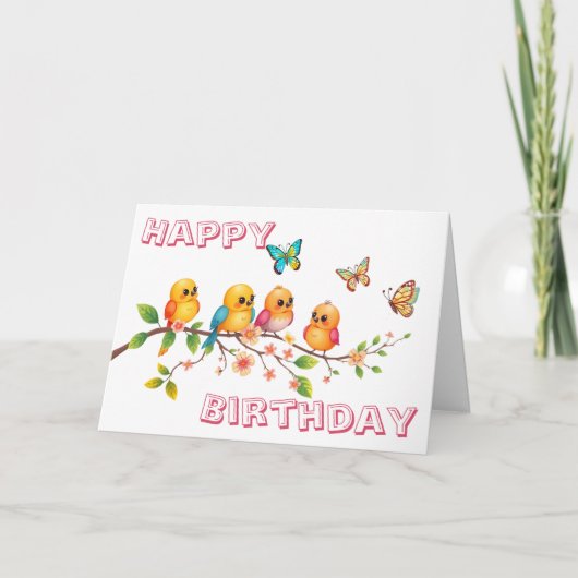 Sweet Chirpy Birds & Butterflies 誕生日 カード (正面)