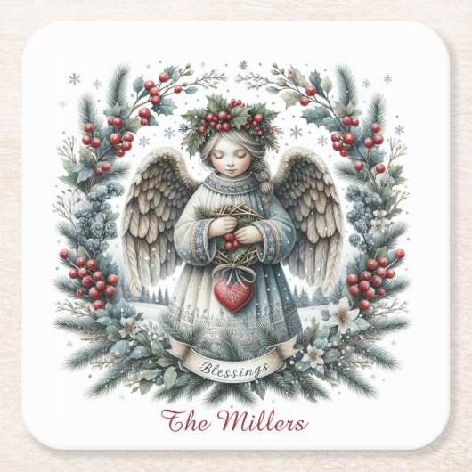 Sweet Christmas Angel Personalize Name Set of 6  スクエアペーパーコースター (正面)