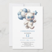 Sweet cool teddy bear balloons dusty blue birthday 招待状 (正面)