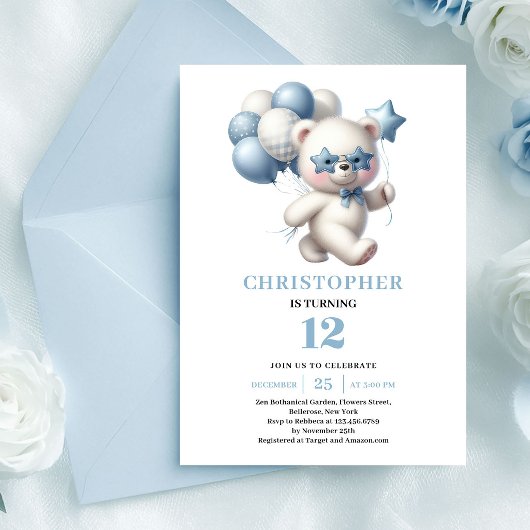 Sweet cool teddy bear balloons dusty blue birthday 招待状
