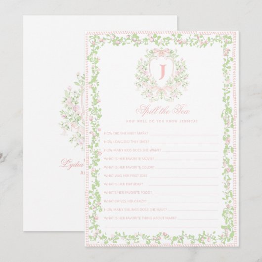 Sweet Crest | Spill the Tea Bridal Shower Game  招待状 (正面/裏面)