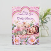 Sweet Cute Pink Girl Baby Shower Puppy Kitten 招待状 (スタンド正面)