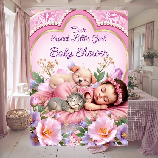 Sweet Cute Pink Girl Baby Shower Puppy Kitten 招待状