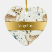 Sweet Deer Snowflakes Gold Ribbon Christmas セラミックオーナメント (正面)