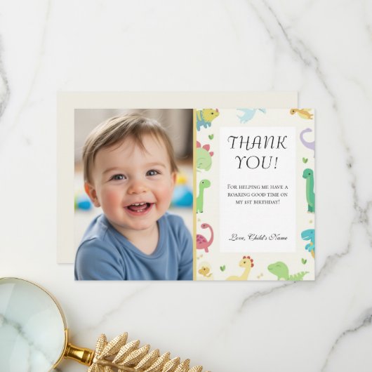 Sweet Dinomite Photo 1st Birthday Invitation サンキューカード (正面/裏面インサイチュ)