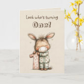 Sweet Donkey First Birthday for One Year Old カード (黄色い花)