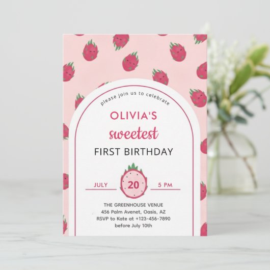 Sweet Dragon Fruit First Birthday Invitation 招待状 (スタンド正面)