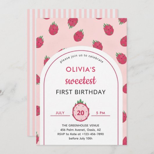 Sweet Dragon Fruit First Birthday Invitation 招待状 (正面/裏面)