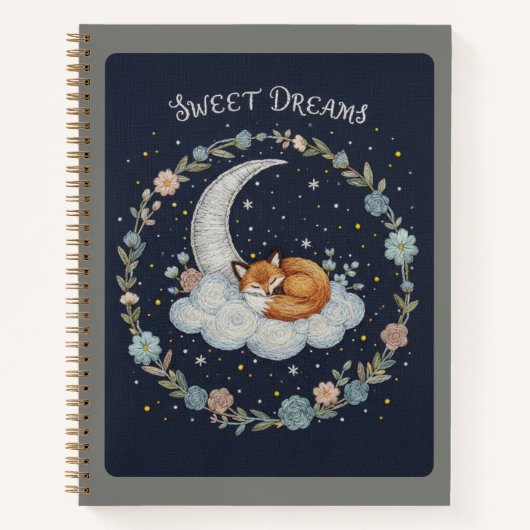 Sweet Dreams刺繍キツネと月モチーフのジャーナル ノートブック (正面)