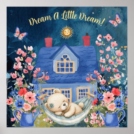 Sweet Dreams フラワーテディベアと小鳥の保育園インテリア ポスター (正面)