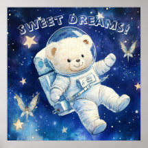Sweet Dreams Blue Astronaut Teddy Nursery Poster