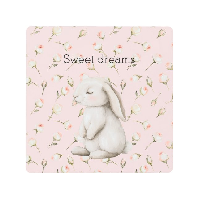 Sweet Dreams Bunny Rabbit Roses Pink Floral メタルプリント (正面)