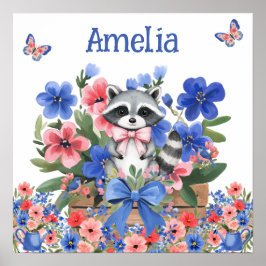 Sweet Dreams Floral Baby Raccoon & Child's Name  ポスター