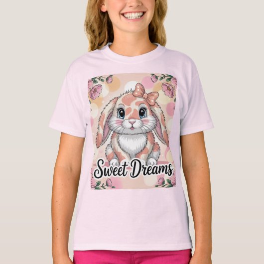 Sweet Dreams Pink Peach Bunny Camo Girls' T-Shirt Tシャツ (正面)