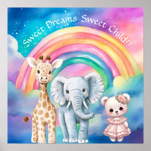 Sweet Dreams Rainbow Elephant & Giraffe Nursery  ポスター (正面)