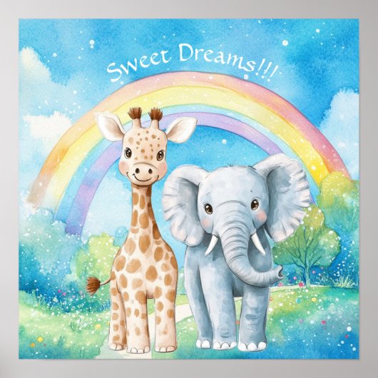 Sweet Dreams Rainbow Elephant & Giraffe Nursery  ポスター (正面)