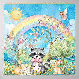 Sweet Dreams Rainbow Raccoon & Rabbits Nursery  ポスター