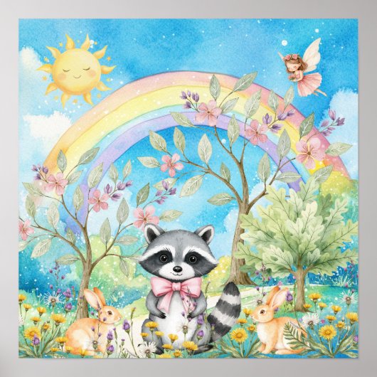 Sweet Dreams Rainbow Raccoon & Rabbits Nursery  ポスター (正面)