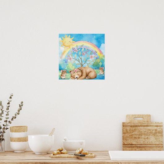 Sweet Dreams Rainbow Sleepy Bear & Mice Nursery ポスター (キッチン)