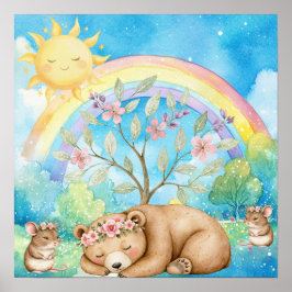 Sweet Dreams Rainbow Sleepy Bear & Mice Nursery  ポスター