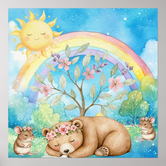 Sweet Dreams Rainbow Sleepy Bear & Mice Nursery  ポスター (正面)