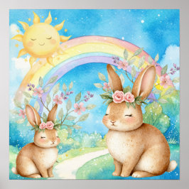 Sweet Dreams Rainbow Sleepy Rabbits Nursery  ポスター