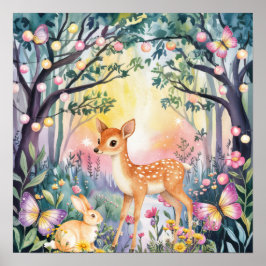 Sweet Dreams Woodland Deer & Rabbits Nursery  ポスター