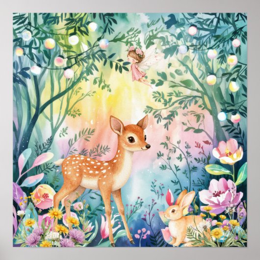 Sweet Dreams Woodland Deer & Rabbits Nursery  ポスター (正面)
