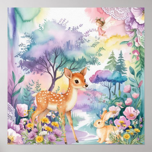 Sweet Dreams Woodland Deer & Rabbits Nursery  ポスター (正面)