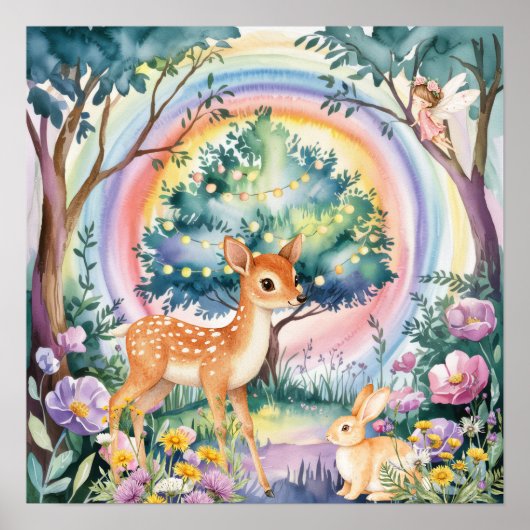 Sweet Dreams Woodland Deer & Rabbits Nursery  ポスター (正面)