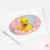 Sweet Duckling on Pink Clouds Birthday  楕円形シール (封筒)