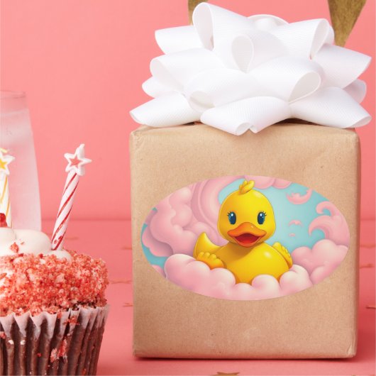 Sweet Duckling on Pink Clouds Birthday  楕円形シール (パーティー)