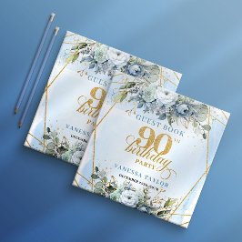 Sweet Dusty Blue Floral Frame 90Birthday Sign In ゲストブック