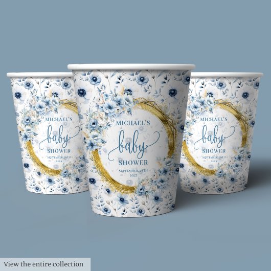 Sweet dusty blue flowers gold baby shower custom 紙コップ