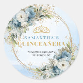 Sweet Dusty Blue Gold Greenery Quinceañera Party  ラウンドシール (正面)