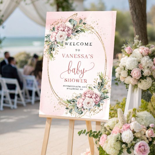 Sweet Dusty Pink Floral Baby Shower Welcome Sign ポスター