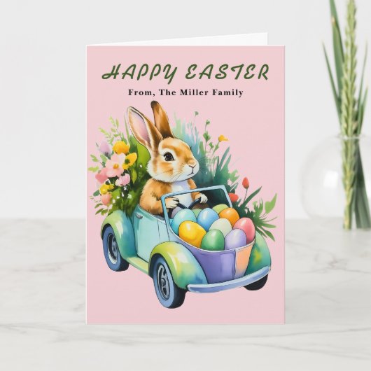 Sweet Easter Bunny Driving Eggs Greeting Card シーズンカード (正面)