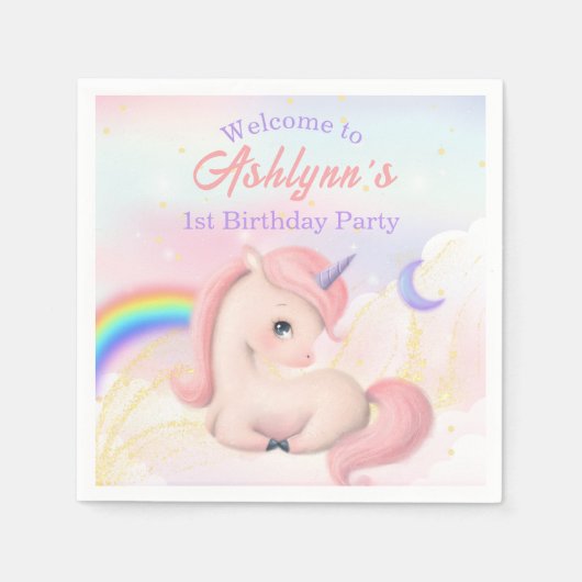 Sweet Elegant Cute Pink Watercolour Unicorn party スタンダードカクテルナプキン (正面)