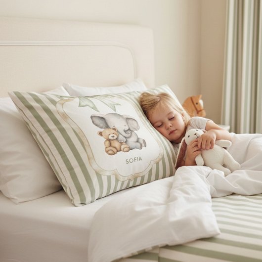 Sweet Elephant and Teddy Bear Hugging Baby Girl  枕カバー