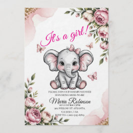 Sweet Elephant & Floral Baby Shower Invitation 招待状