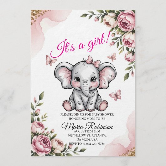 Sweet Elephant & Floral Baby Shower Invitation 招待状 (正面)