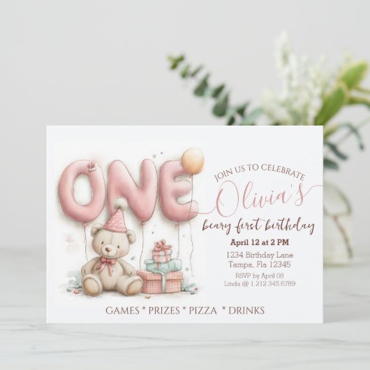 Sweet First Birthday Invitation with Teddy Bear 招待状 (スタンド正面)