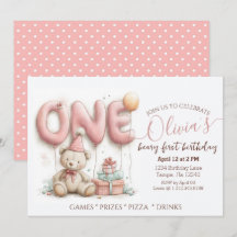 Sweet First Birthday Invitation with Teddy Bear 