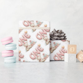 Sweet First Birthday Sticker with Teddy Bear  ラッピングペーパー