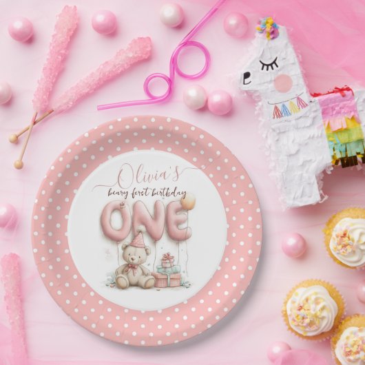 Sweet First Birthday with Teddy Bear  ペーパープレート (パーティー)