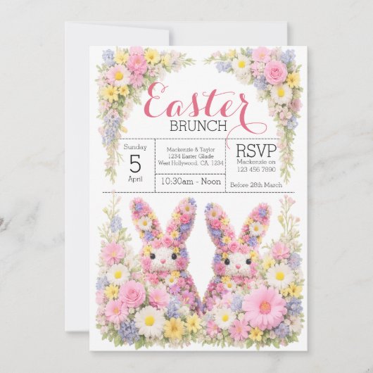 Sweet Flower Bunny Rabbit Easter Egg Hunt Brunch 招待状 (正面)
