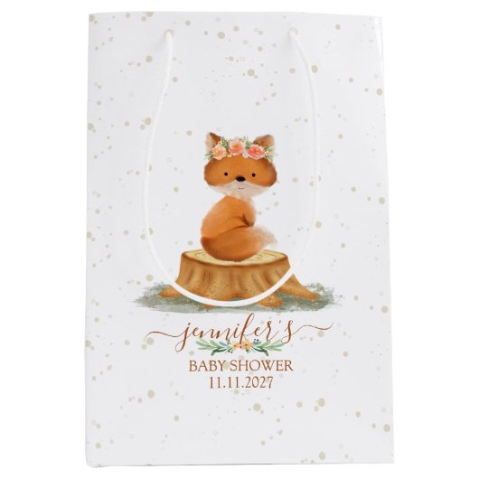 Sweet Forest Fox Baby Shower Wildflowers ミディアムペーパーバッグ (正面)