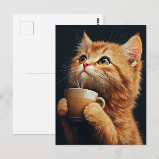 Sweet Ginger Kitty With a Coffee ポストカード (正面/裏面)