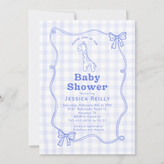 Sweet Giraffe Plaid Bow Elegant Baby Shower 招待状 (正面)