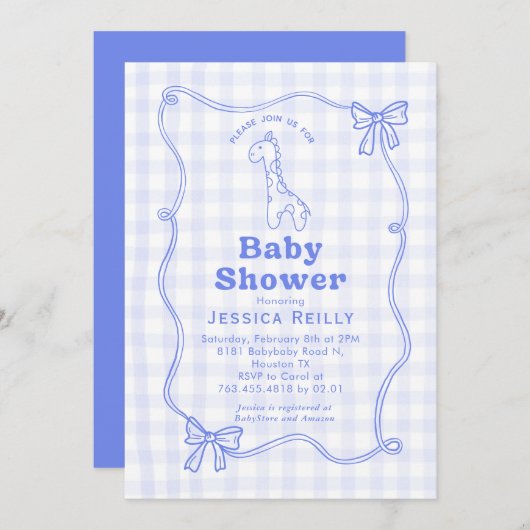 Sweet Giraffe Plaid Bow Elegant Baby Shower 招待状 (正面/裏面)